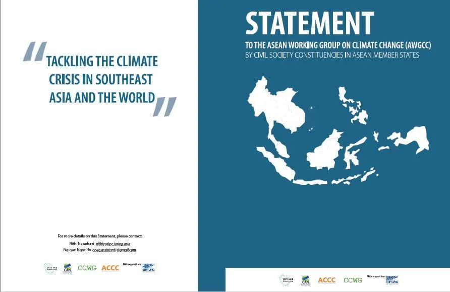 Cover spread of the civil-society statement to the ASEAN Working Group on Climate Change, headed “Tackling the climate crisis in Southeast Asia and the world”, with a map of Southeast Asia