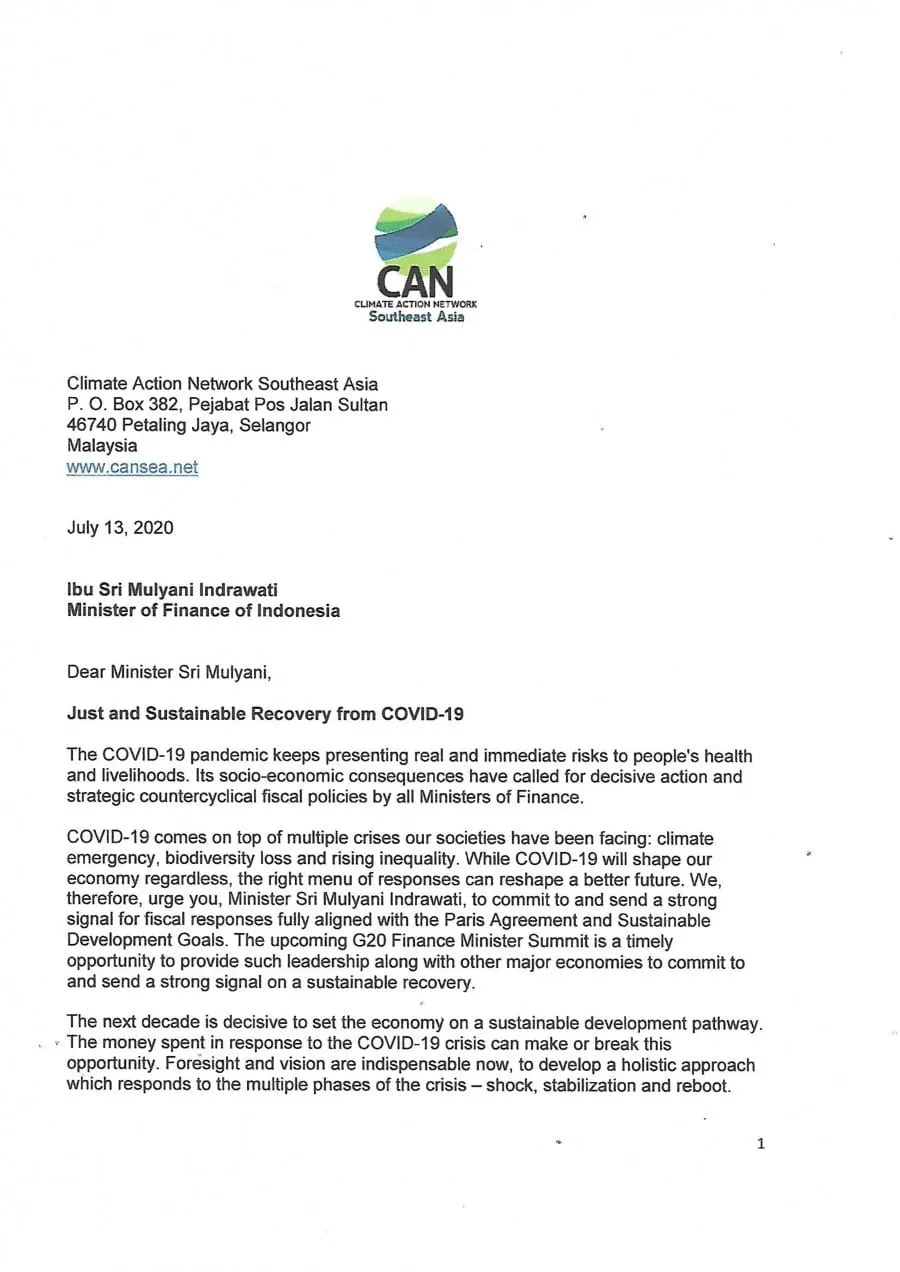 Cover of Letter to Indonesia’s Finance Minister for G20 Summit