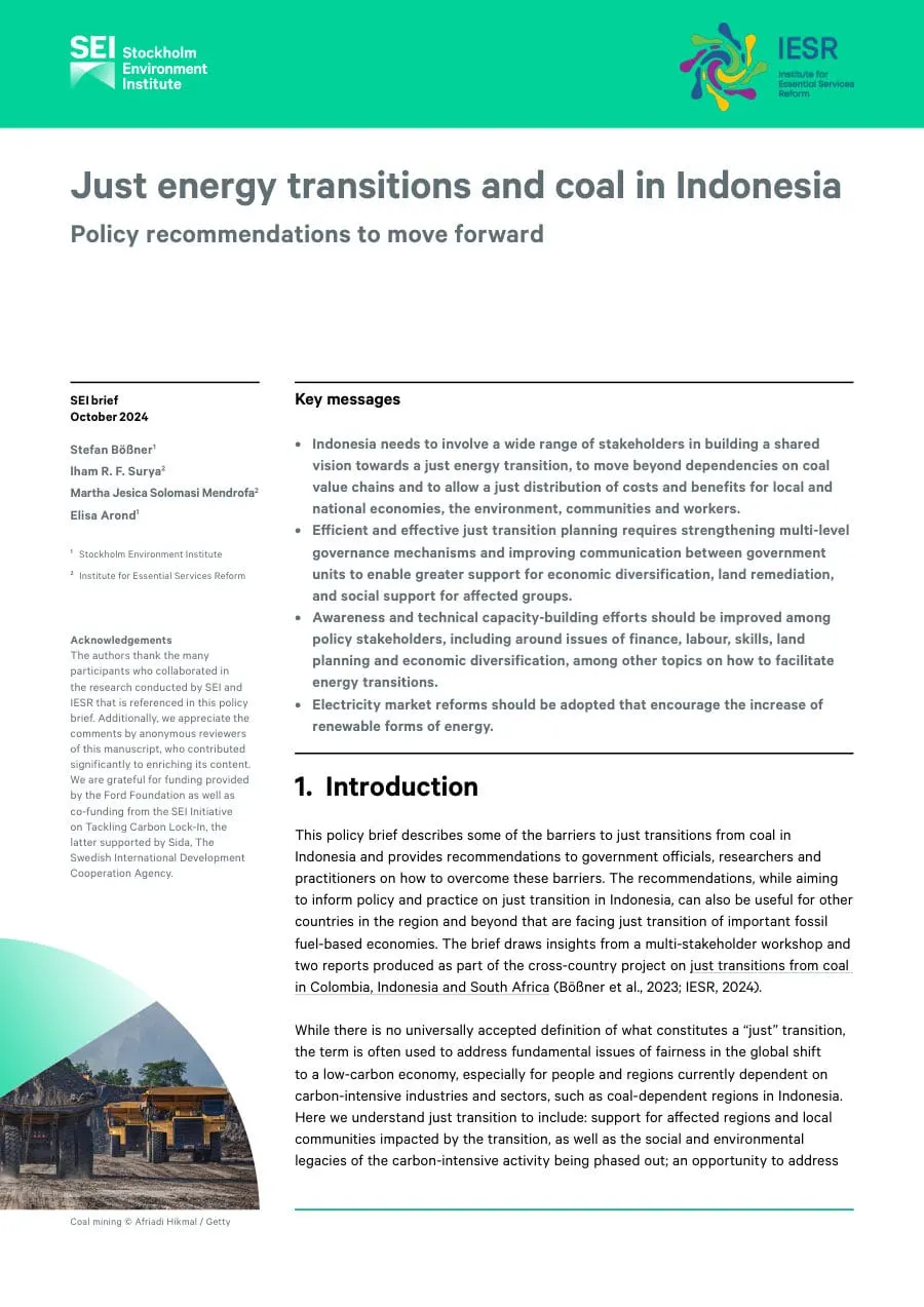 Cover of Policy Brief: Just energy transitions and coal in Indonesia, Policy recommendations to move forward by Stockholm Environment Institute (SEI) and Institute for Essential Services Reform (IESR), issued on October 2024.