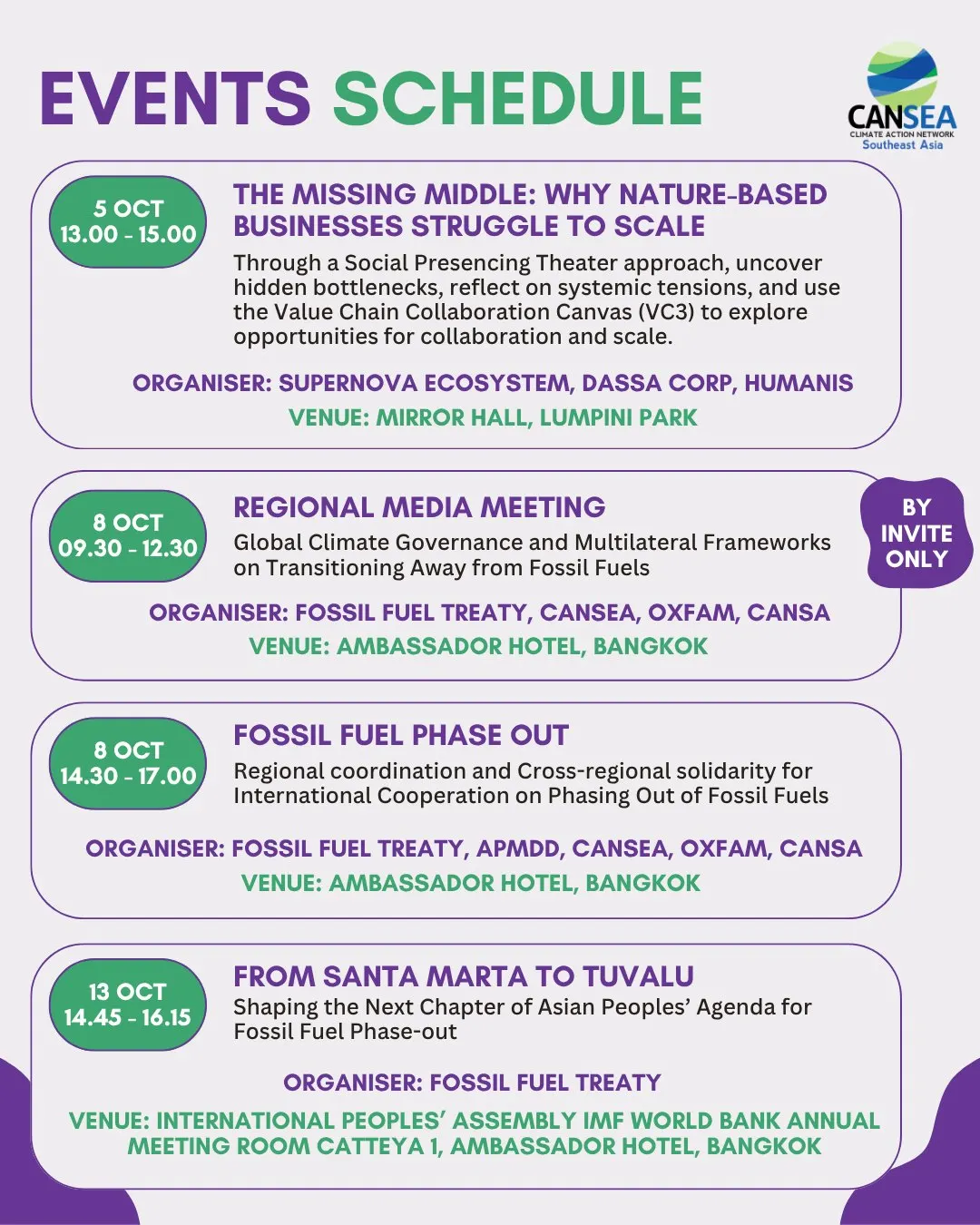 Events schedule: The Missing Middle on 5 October at Mirror Hall, Lumpini Park; the invitation-only Regional Media Meeting and the Fossil Fuel Phase Out session on 8 October at the Ambassador Hotel; and From Santa Marta to Tuvalu on 13 October at the Ambassador Hotel, Bangkok