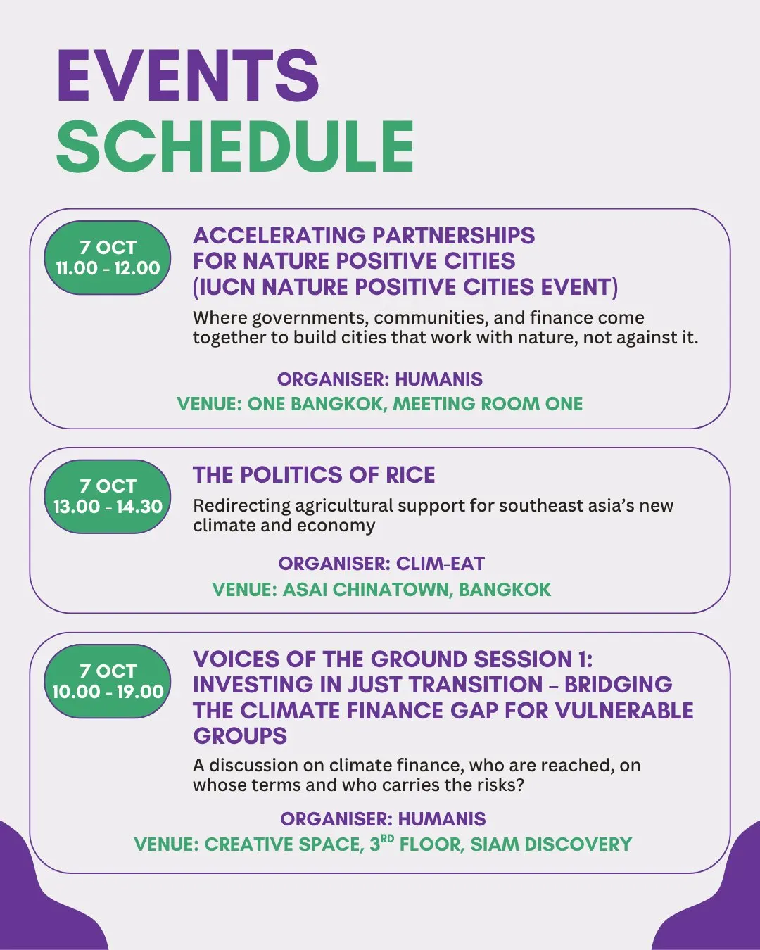 Events schedule for 7 October: Accelerating Partnerships for Nature Positive Cities at One Bangkok, The Politics of Rice at Asai Chinatown, and Voices of the Ground Session 1 at Siam Discovery