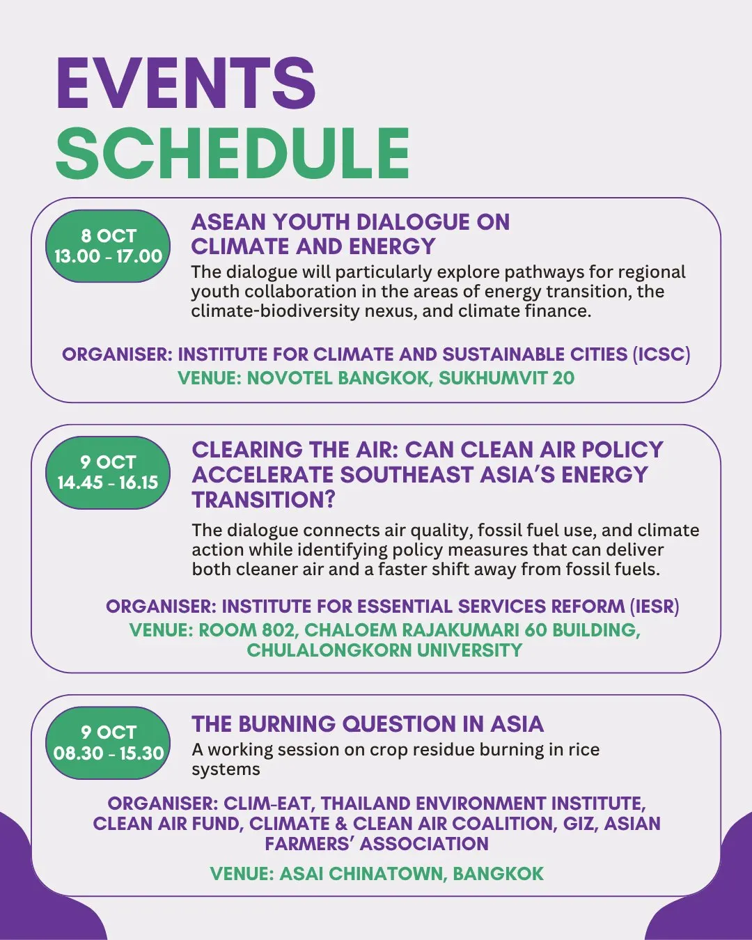 Events schedule: ASEAN Youth Dialogue on Climate and Energy on 8 October at Novotel Bangkok Sukhumvit 20, Clearing the Air on 9 October at Chulalongkorn University, and The Burning Question in Asia on 9 October at Asai Chinatown