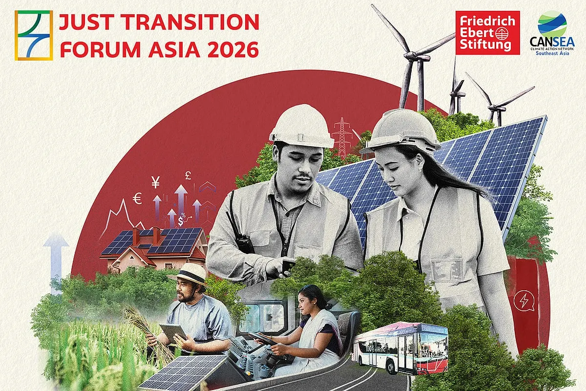 Just Transition Forum Asia 2026 cover artwork: energy workers in hard hats, solar panels, wind turbines, a farmer and an electric bus set against a red arc, with the Friedrich-Ebert-Stiftung and CANSEA logos