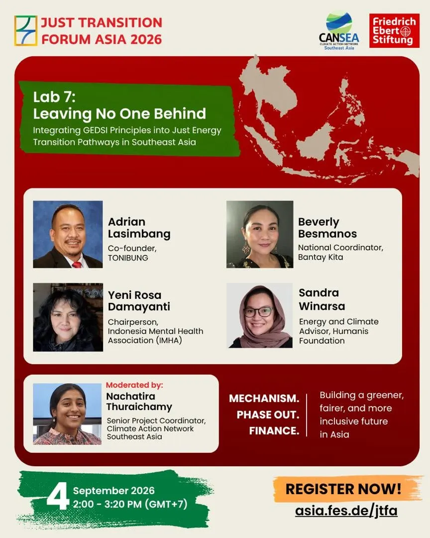 Session card for Lab 7, Leaving No One Behind: Integrating GEDSI Principles into Just Energy Transition Pathways in Southeast Asia, on 4 September 2026 from 2:00 to 3:20 PM (GMT+7). Speakers: Adrian Lasimbang of TONIBUNG, Beverly Besmanos of Bantay Kita, Yeni Rosa Damayanti of the Indonesia Mental Health Association, and Sandra Winarsa of Humanis Foundation. Moderated by Nachatira Thuraichamy of CANSEA.