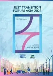 Poster for the Just Transition Forum Asia 2023, illustrated with wind turbines, solar panels and city life