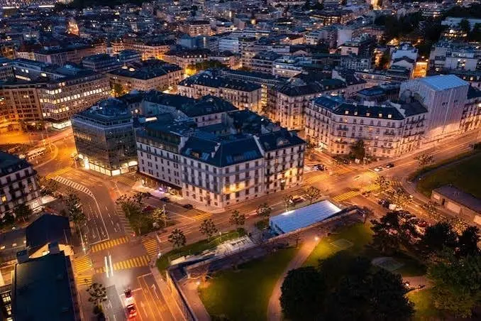 Aerial view of Geneva at dusk, the host city of the fifth Conference of the Parties to the Minamata Convention on Mercury