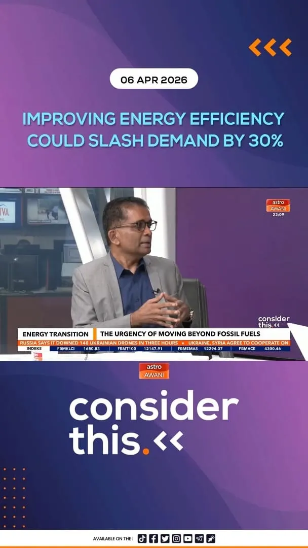 Nithi Nesadurai being interviewed on Astro AWANI's Consider This, under the headline “Improving energy efficiency could slash demand by 30%”