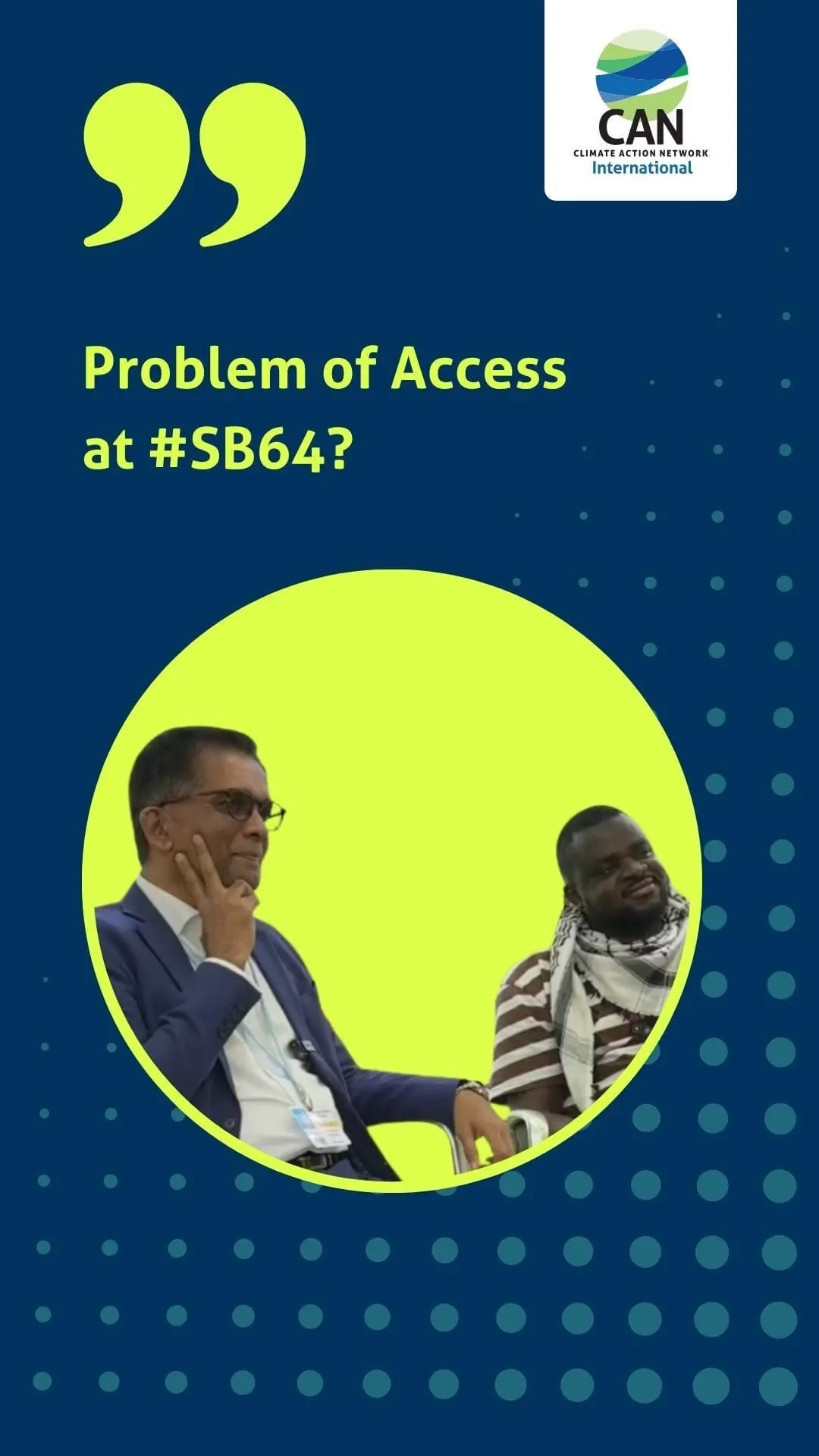 A CAN International card reading “Problem of access at #SB64?”, showing two delegates in conversation at the climate talks